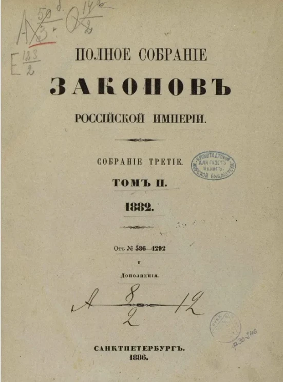 Полное собрание законов Российской Империи. Собрание 3. Том 2. 1882. От № 586-1292 и Дополнения