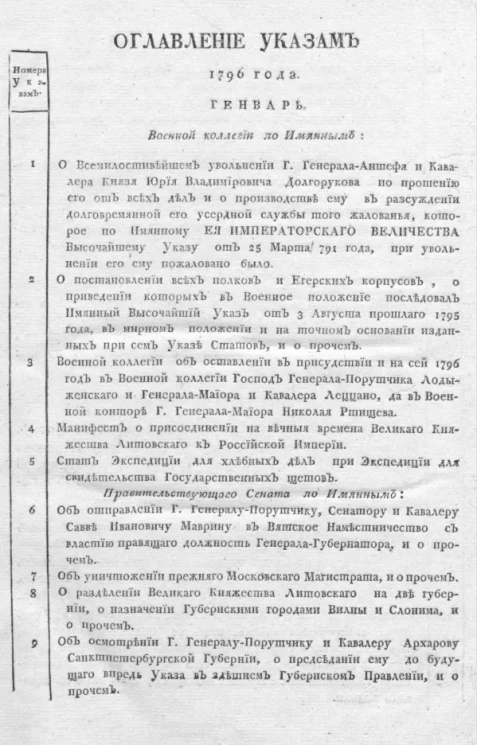 Указы, манифесты и другие правительственные постановления, объявленные из Государственной Военной коллегии за 1796 год