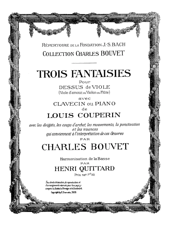 Trois fantaisies pour dessus de viole (viole d'amour, ou violon ou flûte) avec clavecin ou piano