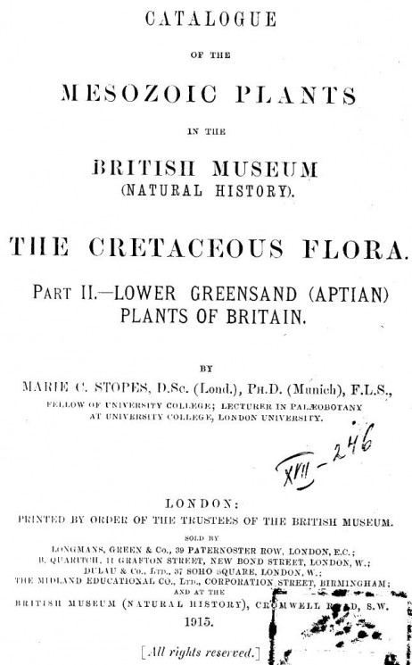 Catalogue of the Mesozoic plants in the British Museum (natural history). The cretaceous flora. Part 2. Lower greensand (aptian) plants of Britain