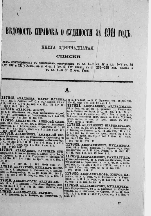 Ведомость справок о судимости, издаваемая министерством юстиции за 1911 год. Книга 11. Год издания 42