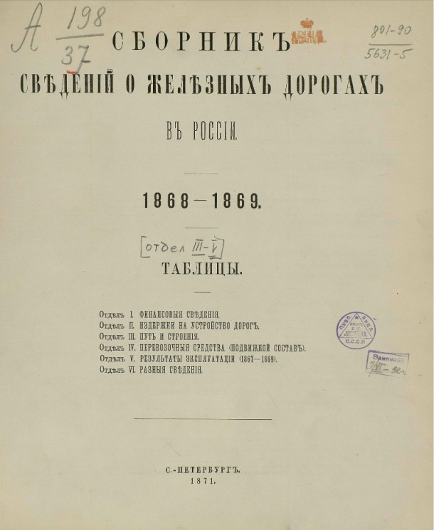 Сборник сведений о железных дорогах в России, 1868-1869. Отдел 3. Таблицы