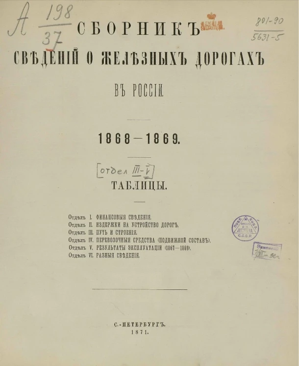 Сборник сведений о железных дорогах в России, 1868-1869. Отдел 3. Таблицы