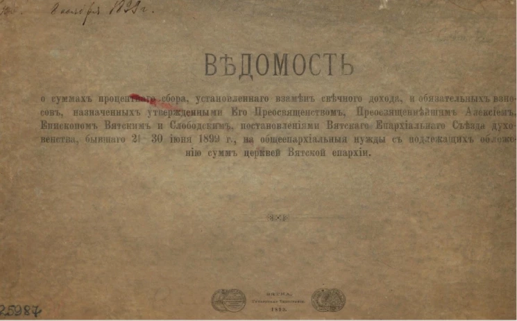 Ведомость о суммах процентного сбора, установленного взамен свечного дохода и обязательных взносов, бывшего 21-30 июня 1899 года, на общеепархиальные нужды с подлежащих обложению сумм церквей Вятской епархии