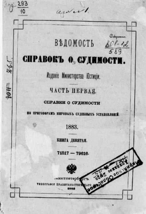 Ведомость справок о судимости. Часть 1. Справки о судимости по приговорам мировых судебных установлений, 1883. Книга 9
