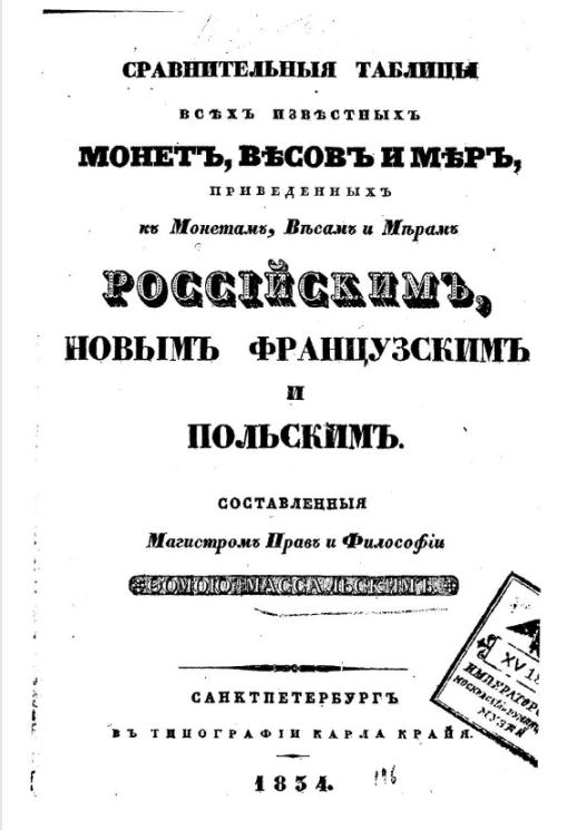 Сравнительная таблица всех известных монет, весов и мер, приведённых к монетам, весам и мерам российским, новым французским и польским
