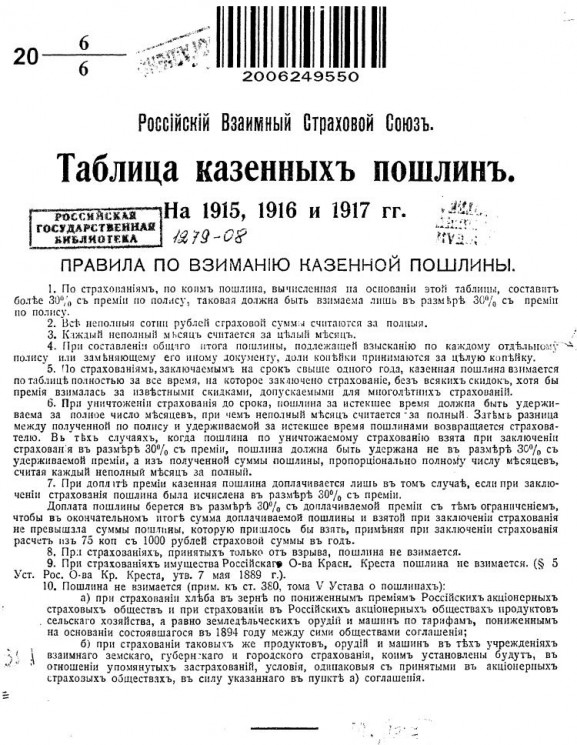 Таблица казенных пошлин на 1915, 1916 и 1917 гг.