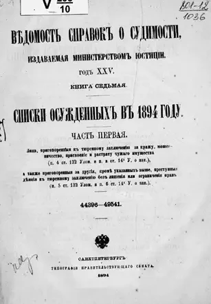 Ведомость справок о судимости, издаваемая министерством юстиции. Книга 7. Списки осужденных в 1894 году. Часть 1