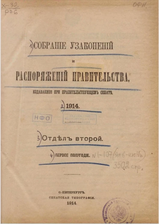 Собрание узаконений и распоряжений Правительства, издаваемое при Правительствующем Сенате, 1914, отдел второй, первое полугодие