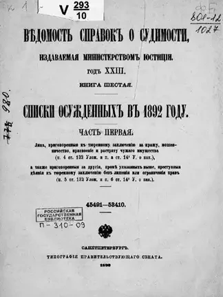 Ведомость справок о судимости, издаваемая министерством юстиции. Книга 6. Списки осужденных в 1892 году. Часть 1