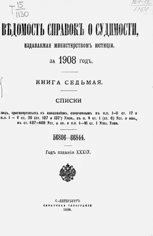 Ведомость справок о судимости, издаваемая министерством юстиции за 1908 год. Книга 7