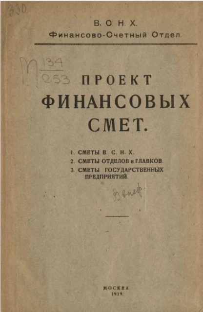 Высший совет народного хозяйства. Финансово-cчетный отдел. Проект финансовых смет
