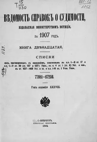 Ведомость справок о судимости, издаваемая министерством юстиции за 1907 год. Книга 12