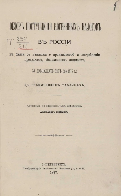 Обзор поступления косвенных налогов в России в связи с данными о производстве и потреблении предметов, обложенных акцизом, за двенадцать лет (по 1875 год) в графических таблицах