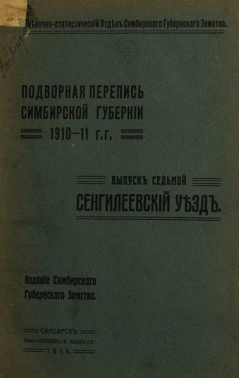 Подворная перепись Симбирской губернии 1910-1911 гг. Выпуск 7. Сенгилеевский уезд