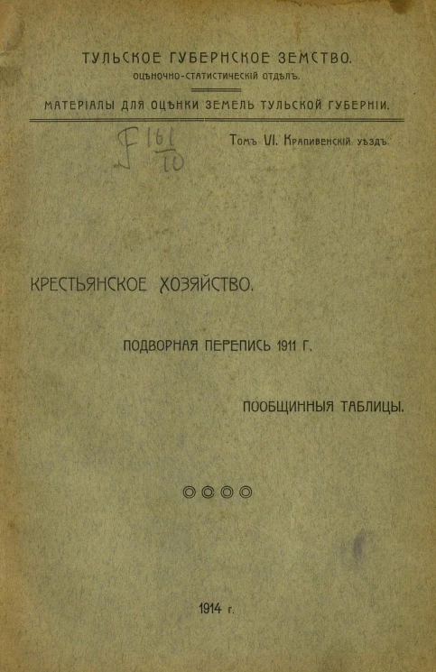 Тульское губернское земство. Оценочно-статистический отдел. Материалы для оценки земель Тульской губернии. Том 6. Крапивенский уезд. Крестьянское хозяйство. Подворная перепись 1911 года. Пообщинные таблицы