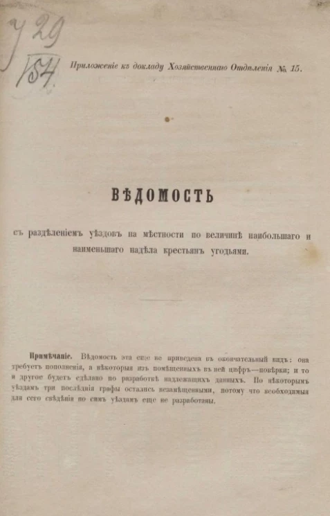 Приложение к докладу Хозяйственного отделения, № 15. Ведомость с разделением уездов на местности по величине наибольшего и наименьшего надела крестьян угодьями