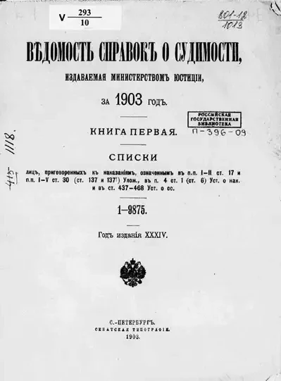Ведомость справок о судимости, издаваемая министерством юстиции за 1903 год. Книга 1