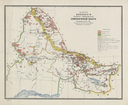 Карта заселения русскими переселенцами Семипалатинской области. Составлена в 1910 года