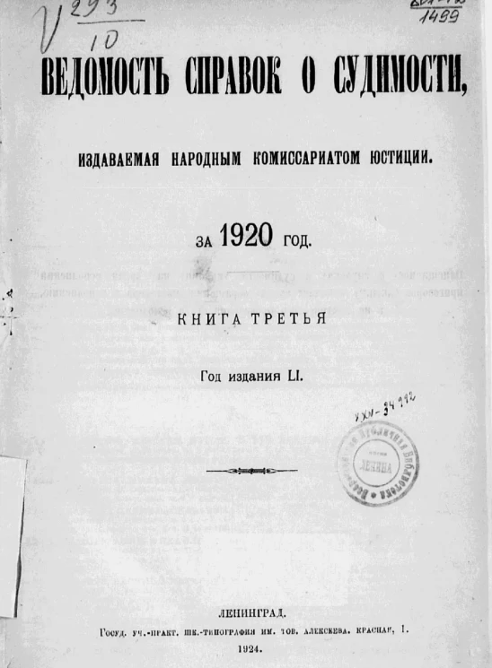 Ведомость справок о судимости, издаваемая министерством юстиции за 1920 год. Книга 3