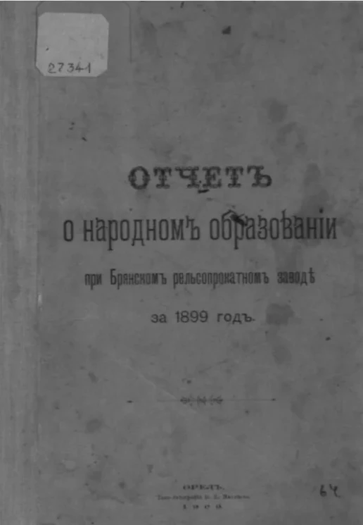 Отчет о народном образовании при Брянском рельсопрокатном заводе за 1899 год