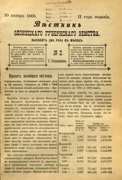 Вестник Олонецкого губернского земства. № 2. 30 января 1908. Год издания 2