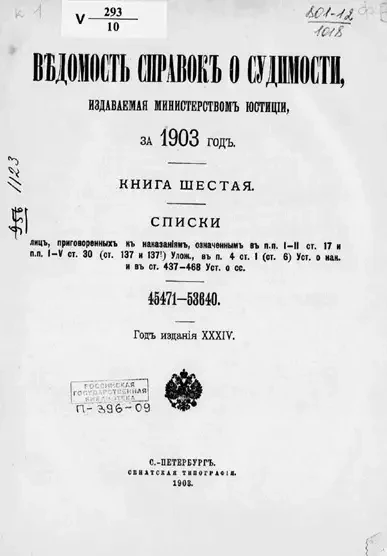 Ведомость справок о судимости, издаваемая министерством юстиции за 1903 год. Книга 6