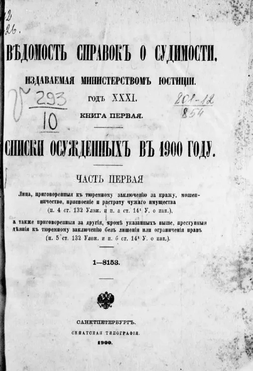 Ведомость справок о судимости, издаваемая министерством юстиции. Год 31. Книга 1. Списки осужденных в 1900 году. Часть 1