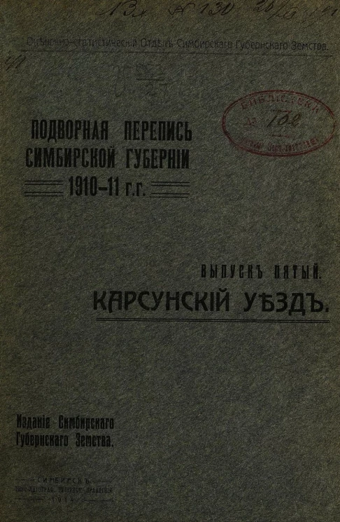 Подворная перепись Симбирской губернии 1910-1911 гг. Выпуск 5. Карсунский уезд