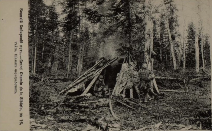 Великий Сибирский путь. Grand Chemin de la Sibérie, № 16. Тайга. Шалаш чернорабочих. Открытое письмо