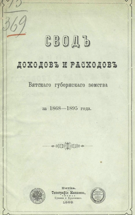Свод доходов и расходов Вятского губернского земства за 1868-1895 года