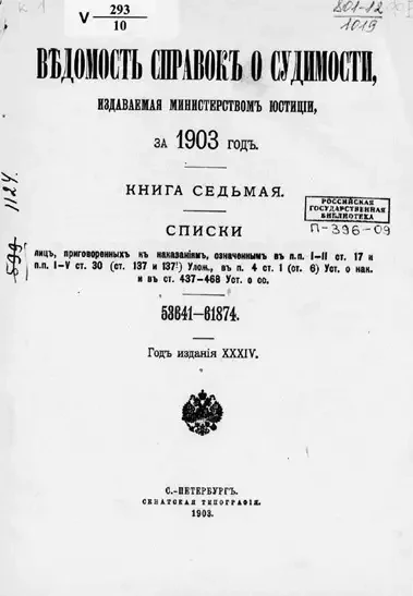 Ведомость справок о судимости, издаваемая министерством юстиции за 1903 год. Книга 7
