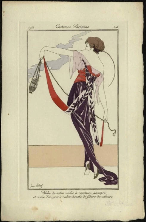 Costumes Parisiens, 1913, 106. Robe de satin violet à ceinture pourpre et ornée d'un grand ruban broché de fleurs de velours