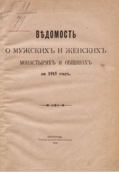 Ведомость о мужских и женских монастырях и общинах за 1915 год