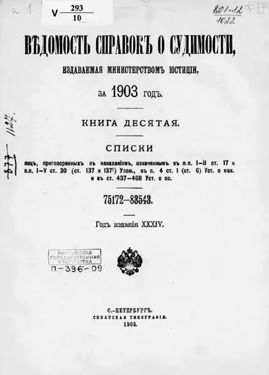 Ведомость справок о судимости, издаваемая министерством юстиции за 1903 год. Книга 10