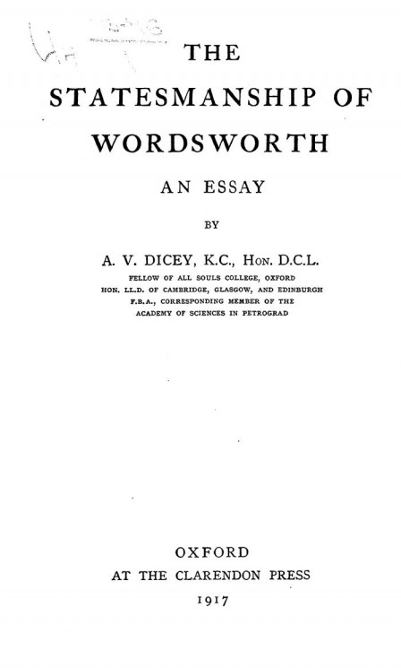 The Statesmanship of Wordsworth. An essay