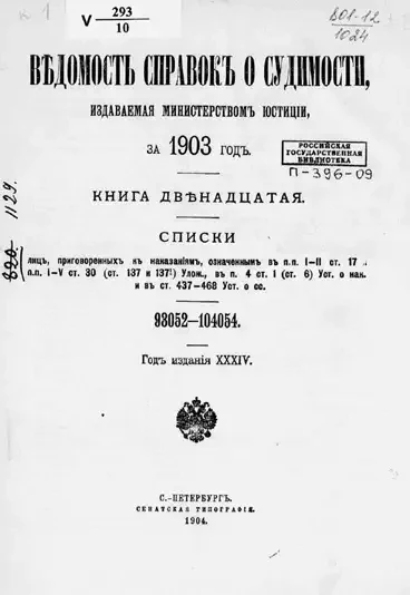 Ведомость справок о судимости, издаваемая министерством юстиции за 1903 год. Книга 12