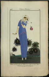 Costumes Parisiens, 1913, 99. Petite robe de jardin, par Poiret, en crêpe de laine bleu. Fichu et poignets de lingerie