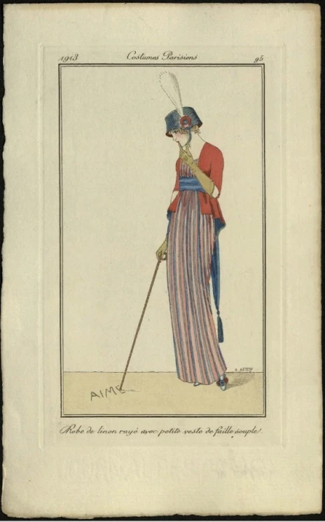 Costumes Parisiens, 1913, 95. Robe de linon rayé avec petite veste de faille souple