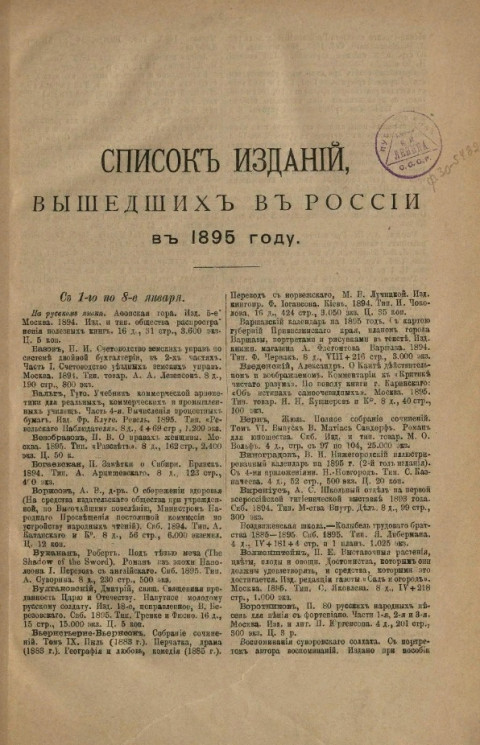Список изданий, вышедших в России в 1895 году