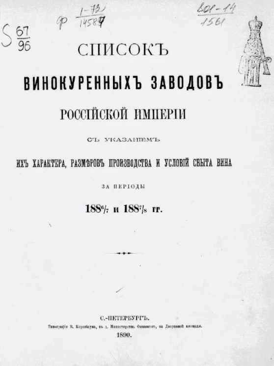 Список винокуренных заводов Российской империи с указанием их характера, размеров производства и условий сбыта вина за периоды 1886/7 и 1887/8 годов