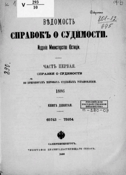 Ведомость справок о судимости. Часть 1. Справки о судимости по приговорам мировых судебных установлений, 1886. Книга 9. 65743-75254