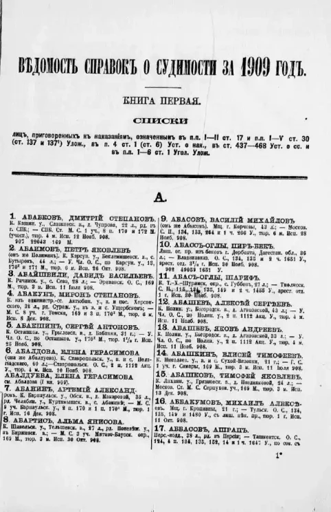 Ведомость справок о судимости, издаваемая министерством юстиции за 1909 год. Книга 1