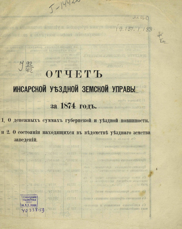 Отчет Инсарской уездной земской управы за 1874 год