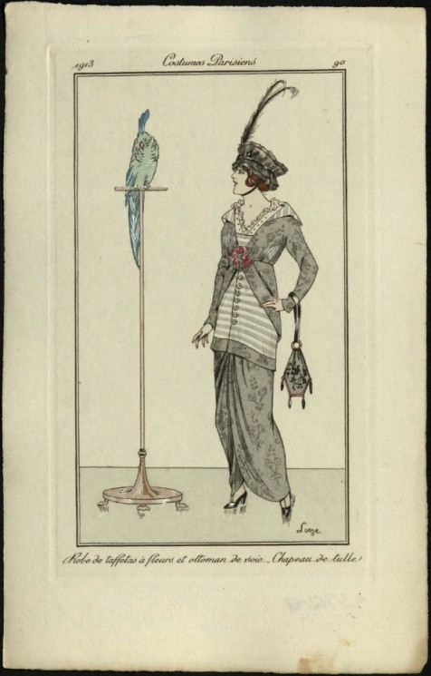 Costumes Parisiens, 1913, 90. Robe de taffetas à fleurs et ottoman de soie. Chapeau de tulle
