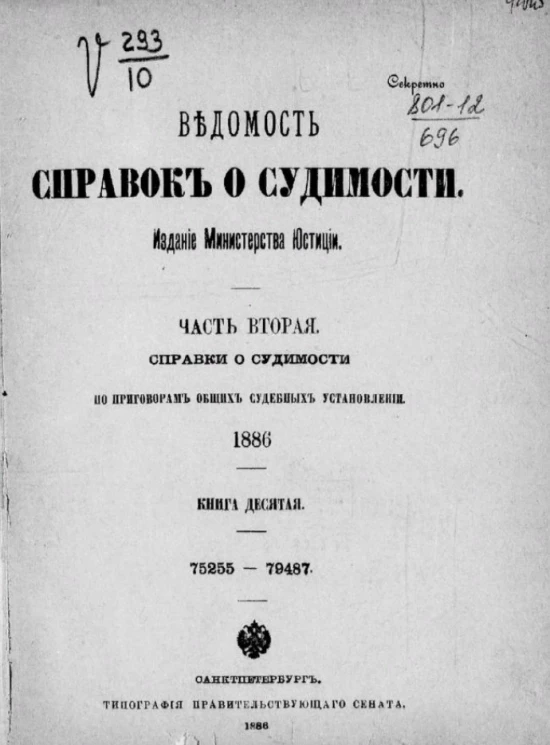Ведомость справок о судимости. Часть 2. Справки о судимости по приговорам мировых судебных установлений, 1886. Книга 10. 75255-79487