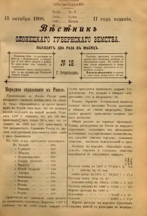 Вестник Олонецкого губернского земства. № 19. 15 октября 1908. Год издания 2
