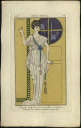 Costumes Parisiens, 1913, 84. Grande robe du soir en tulle et satin. Echarpe de velours à glands de perles