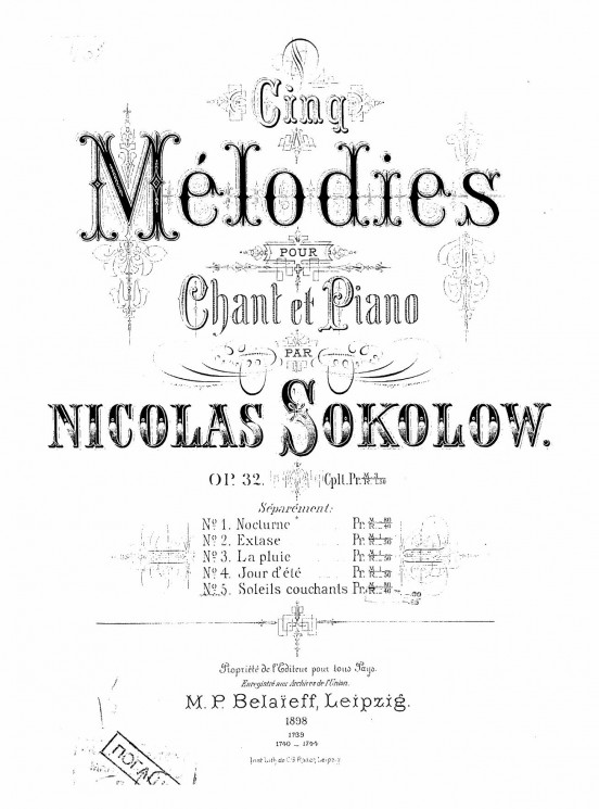 Cinq melodies pour chant et piano par Nicolas Sokolow. Op. 32, № 5. Soleils couchants